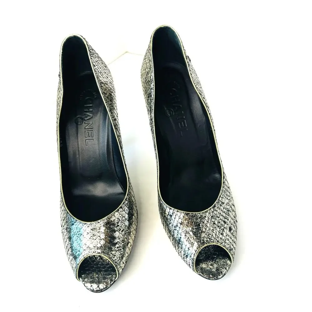 Chanel Silver Metallic Textured Leather Peep Toe Pumps Heels Size EU 38.5